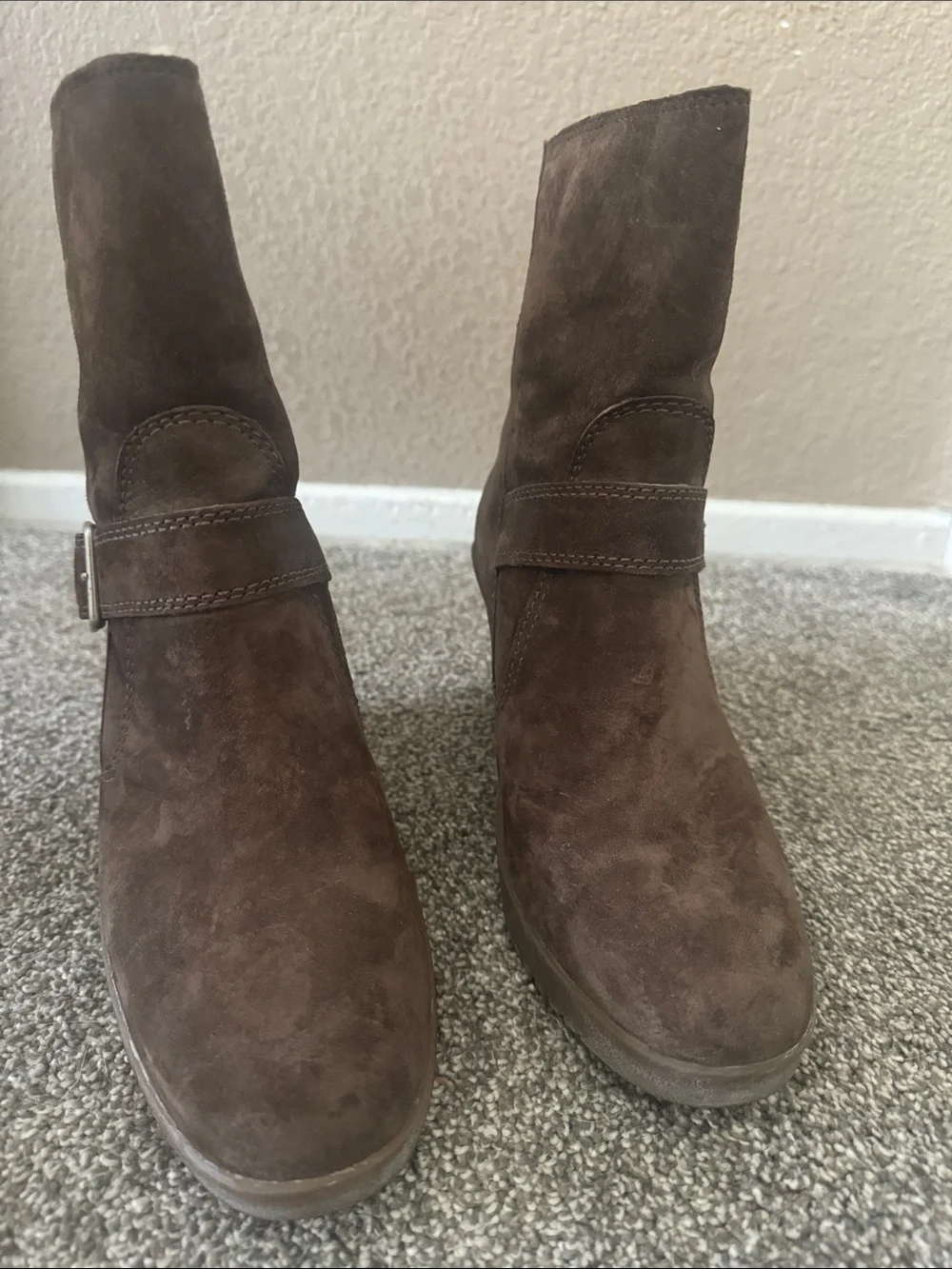 UGG Chestnut Suede Wedge Bootie with Buckle Detail Size 8